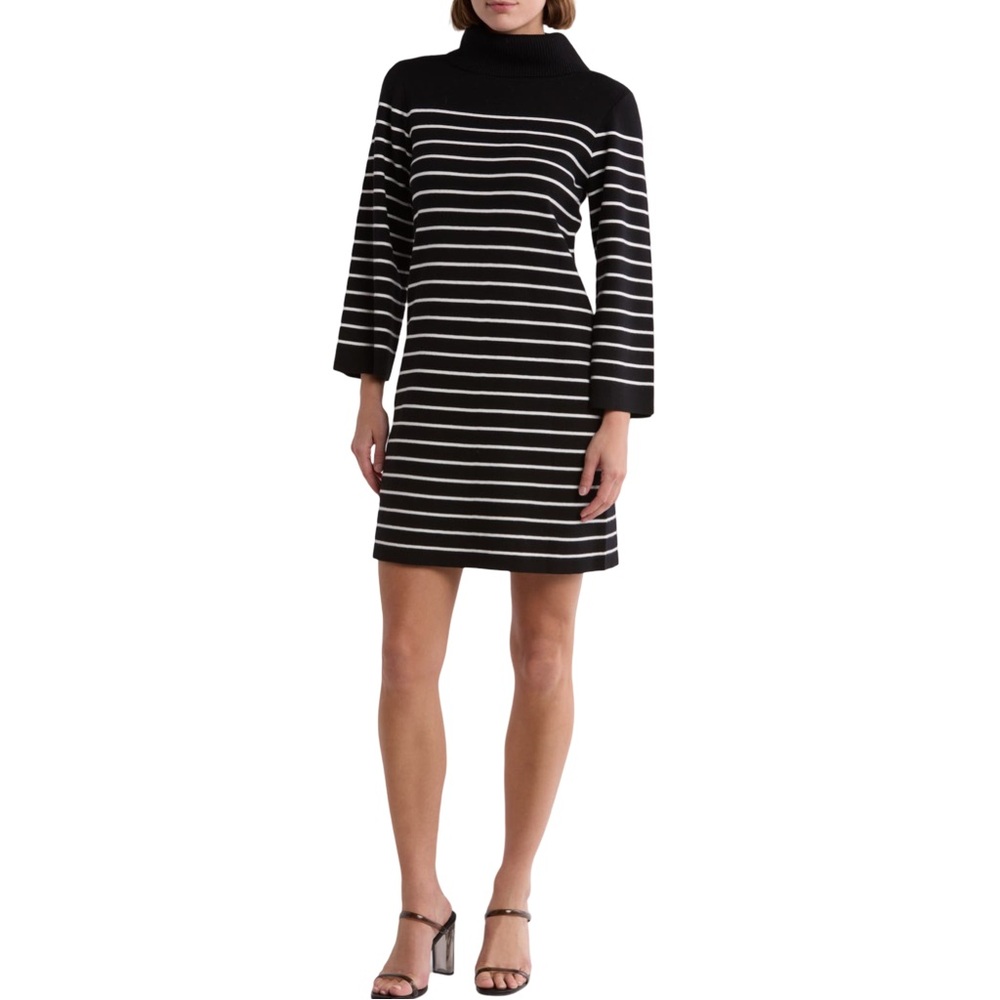 Eliza J  Women Luxe Black White Striped Long Sleeve Turtleneck Sweater Dress Med